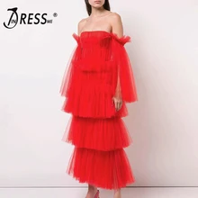 INDRSESME модное сексуальное однотонное женское платье с вырезом лодочкой и расклешенными рукавами, Сетчатое Многоуровневое платье с оборками, вечерние платья для девушек, распродажа рождественских платьев