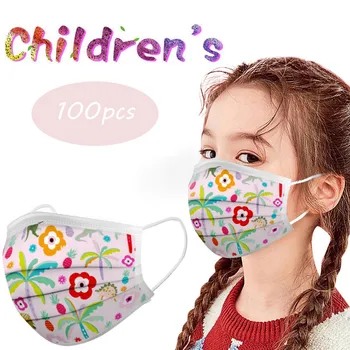 

100PC Child Mask Lovely Print Children's Mask Disposable Face Mask Industrial 3 Ply Ear Loop Anti-Dust Pollution Cartoon Masks