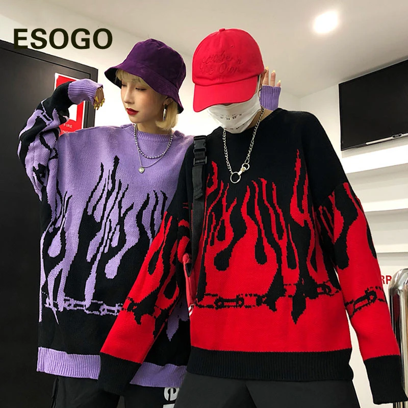 Red Flame Print Streetwear Woman Sweaters Purple Loose Oversize O Neck Female Tops Casual Hip Hop Elastic Autumn Winter Clothes | Женская