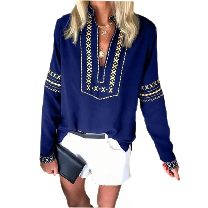 Женская хлопковая блузка в стиле ретро с v-образным вырезом повседневный