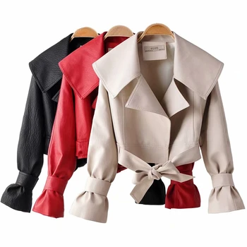 

Black Red Faux Leather Jacket Women Biker Jacket Long Sleeve Short Coat Streetwear Pu Outwear Fall 2019 Winter