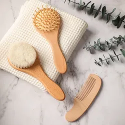 3 pçs bebê banho pente cuidados com o bebê escova de cabelo puro natural lã pente de madeira recém nascido massageador escova de cabelo cuidados com o cabelo presente para crianças