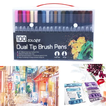 

100 Colors Dual-Tip Watercolor Marker Water Coloring Brush Pen Set for Kids Adults Painting Drawing Sketching Black Handle