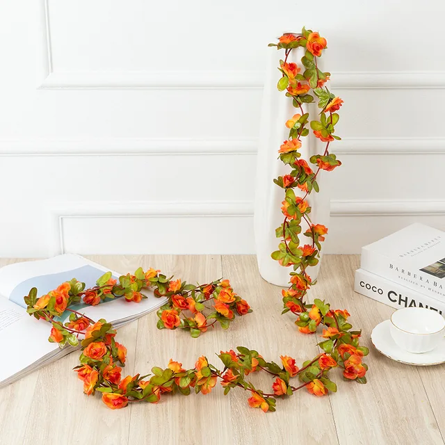 250CM Rose Artificial Flowers Christmas Garland for Wedding Home Room Decoration Spring Autumn Garden Arch DIY Fake Plant Vine Orange
