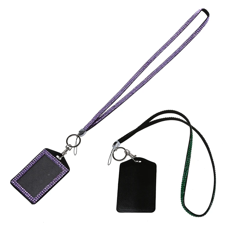 2 Pcs Rhinestone Bling Crystal Custom Lanyard Vertical ID Badge Holder- Dark Green& Light Purple
