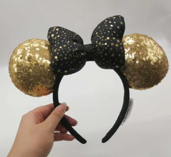 

HONG KONG Minnie Mouse Sequin Ears Black & Gold Bow Polka Dot Headband Ears