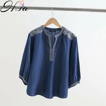 

H.SA 2020 Vintage Chic Women Floral Embroidery Beach Bohemian Denim Blouse Shirt Long Sleeve Tassel Loose Boho Jeans Shirts
