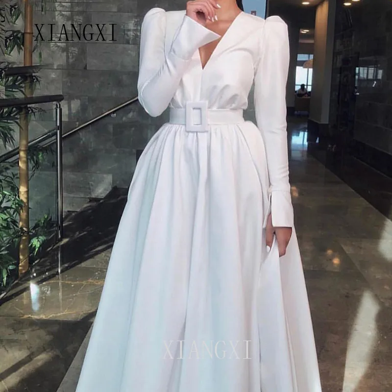 

Nouveautй col en V а manches longues robes de soirйe Satin blanc Simple robes de soirйe a-ligne longue robe 2020 robe de soirйe