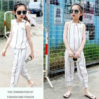 

Girls Summer Sets Clothing Children 12 Years Old Fresh Girl Children T-shirts Trendy Ruffle Outfits Tank + Striped Cropped Pants