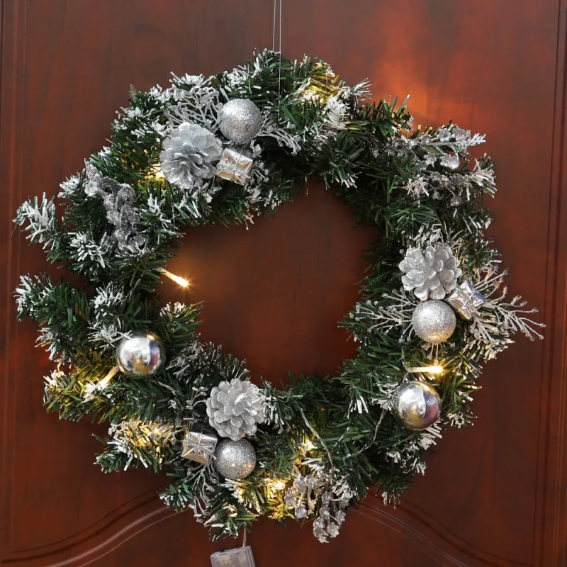 40 см светодиодный Рождественский венок с искусственными сосновыми шишками ягоды цветы переднее украшение для подвешивания на двери венок из ротанга настенный орнамент