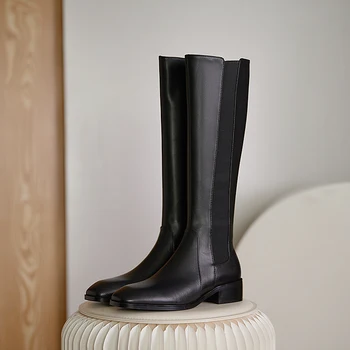 

Winter Knee High Boots square Toe Thick med Heels Shoes Woman Genuine Leather Dancing Basic Boots