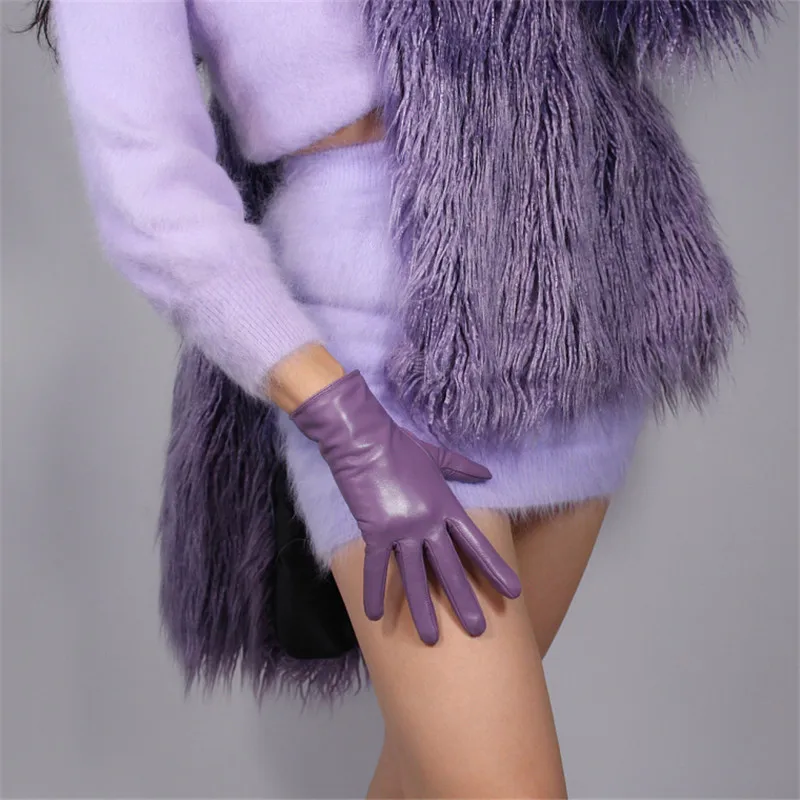 

Touchscreen Genuine Leather Gloves 25cm Short Style Pure Imported Goatskin Black Female Plush Lining Lavender Light Purple WZP13