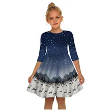 Рождественское платье для маленьких девочек и подростков; рождественское платье с длинными рукавами и 3D принтом; одежда для малышей; vestido infantil sky star