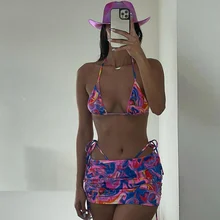 

Women 2021 Summer Two Piece Sets Beach Vacation Sexy Hot Tops Backless Drawstring Stacked Skirts Bandage Halter Bikinis Set
