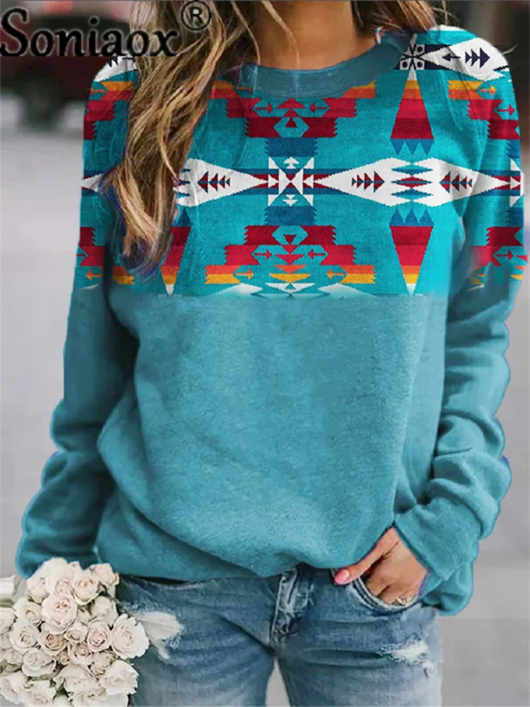 Autumn Winter Retro Western Ethnic Geometric Print Sweatshirt Women's Casual Round Neck Vintage T Shirt Blouse Loose Sweatshirts