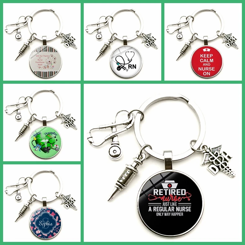 

New Fashion DH Medical Equipment Nurse Medical Glass Key Chain Syringe Stethoscope Car Key Chain Men and Women Jewelry Gift