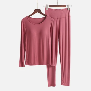 

Solid Chest Pad Basic Pajamas Sets Women Long Sleeve O-neck Pants Two Piece Set 2020 Autumn Winter Loose Female Homewear Suits