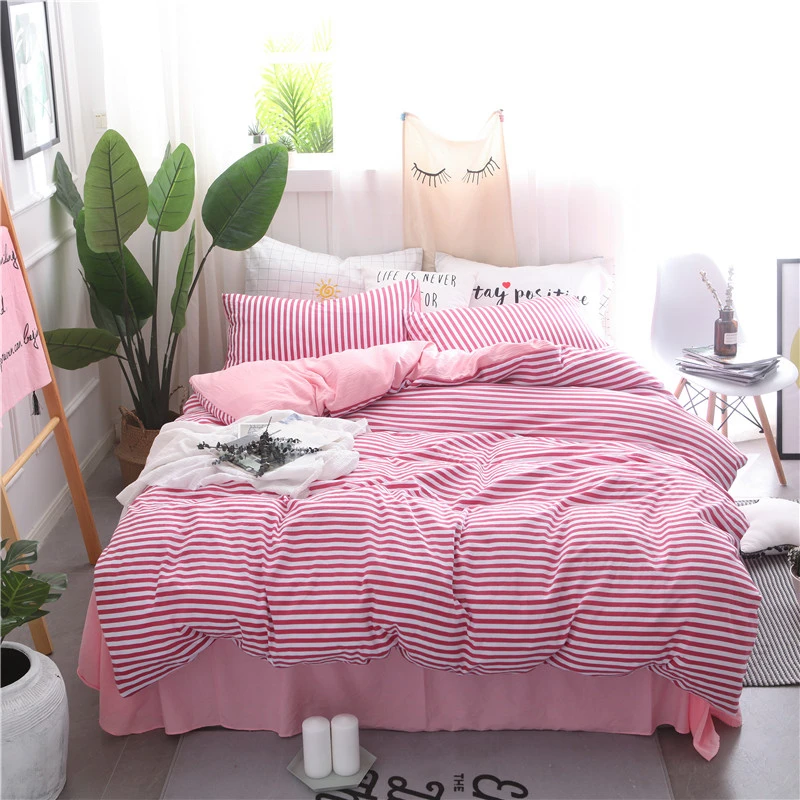 

ANNAs Good Stuff Hotsale Pink White Striped BeddingSet Girls Lovely QuiltCover Washed Cotton Bedding Article 4PCS King Bed Cover