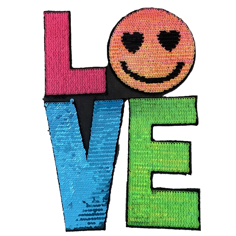 

SEQUINED LETTER COLOR LOVE IRON ON SMAILE PATCHES FOR JACKETS DIY APPLIQUE