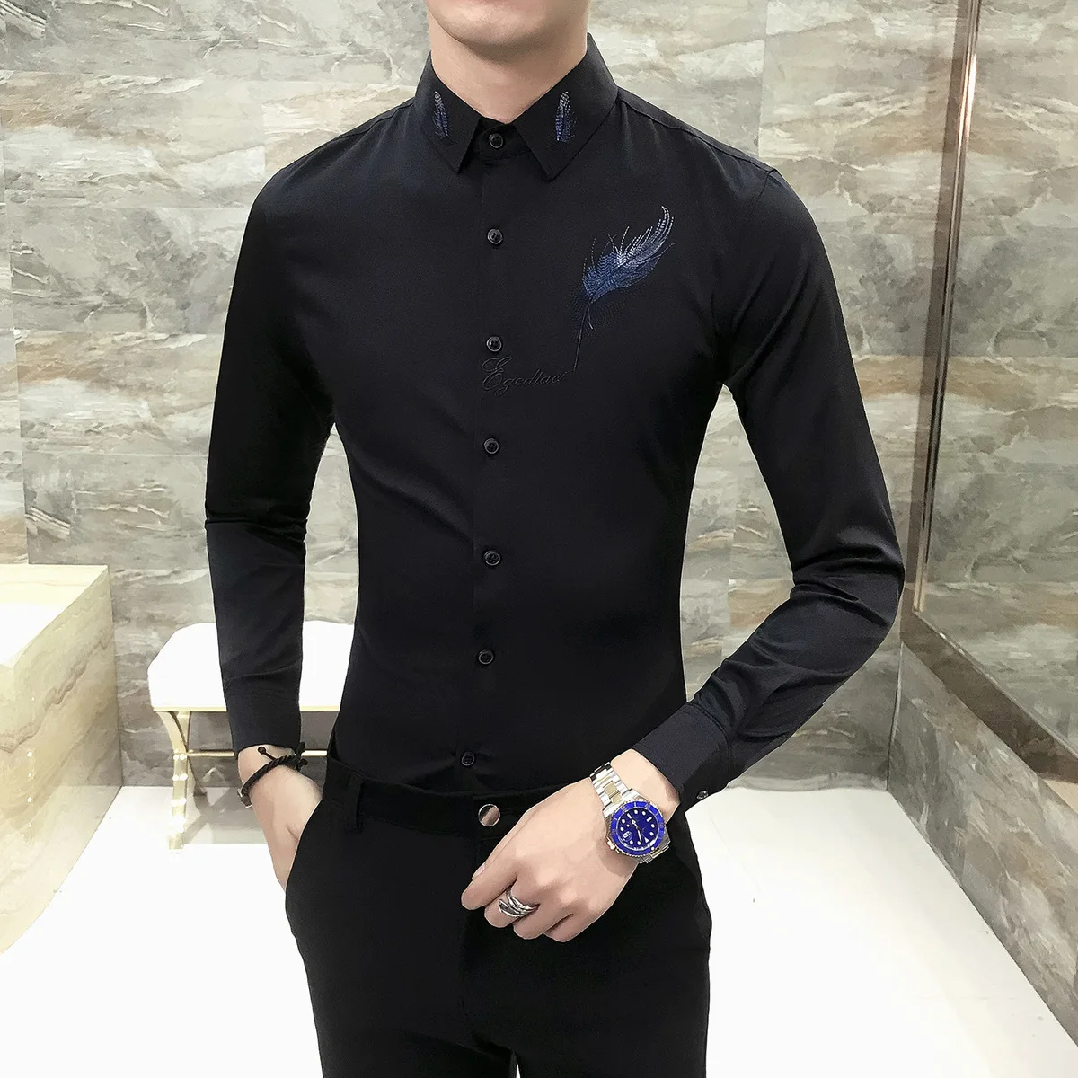 Модные мужские вечерние рубашки с длинным рукавом Camisa Social Masculina черно белые