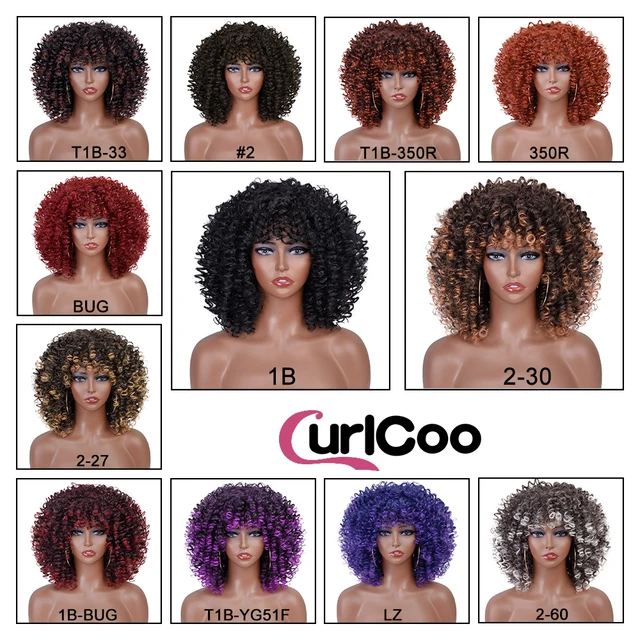 Short Afro Kinky Curly Wigs With Bangs For Black Women Synthetic Ombre Natural Heat Resistant Hair Brown Cosplay Highlight Wigs 5