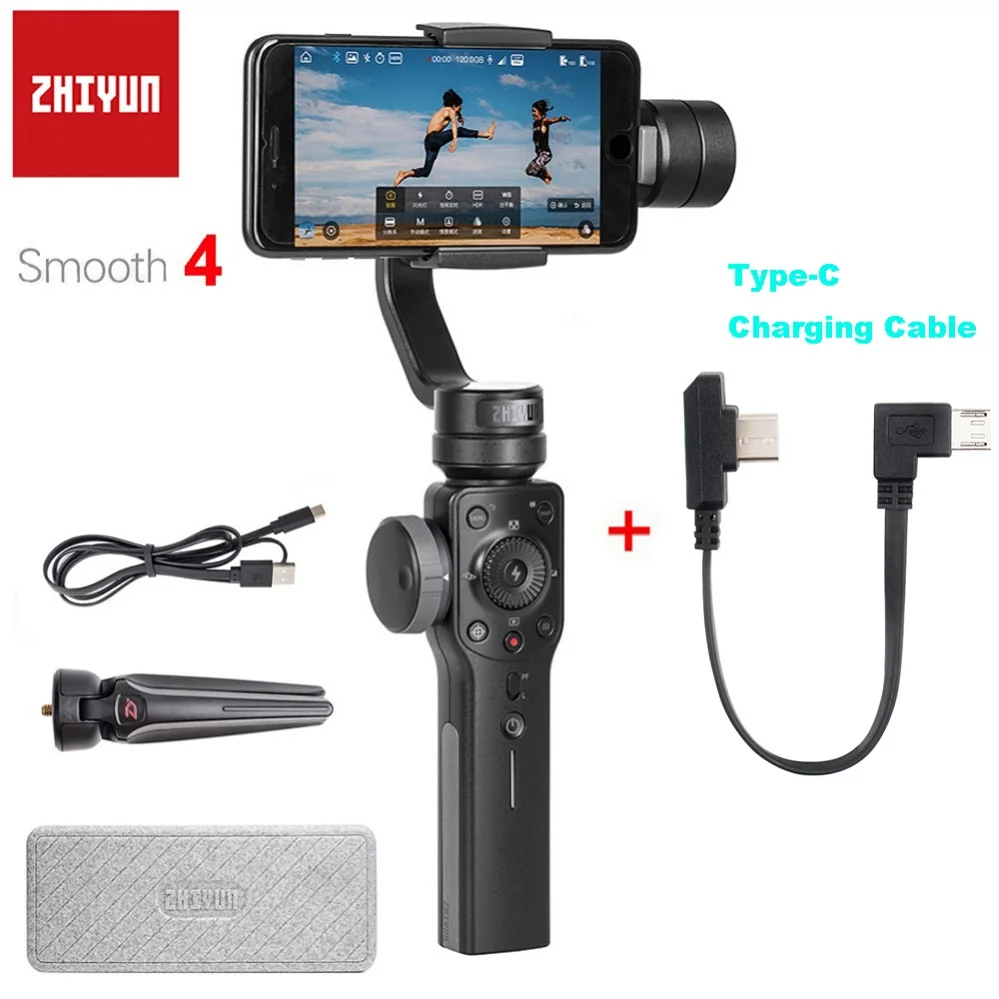 Zhiyun Smooth 4 3-осевой портативный смартфон шарнирный стабилизатор для камеры GoPro с противовесами для балансировки телефон объектив для iPhone XS XR X 8P 8 7P 7 - Цвет: Black Type-C Cable