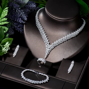 HIBRIDE Shinning Pave AAA CZ Dubai Jewelry Sets 2021 Women Wedding Zirconia Leaf Design Copper 4pcs Jewelry bijoux femme N-256