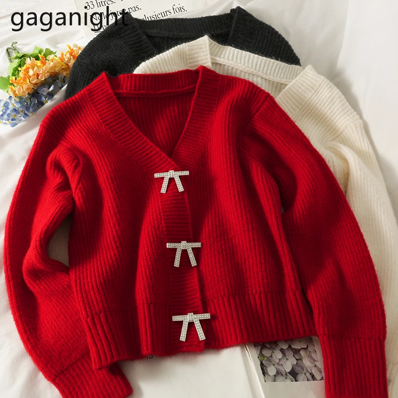Gaganight женский модный вязаный кардиган украшенный бриллиантами и бантом