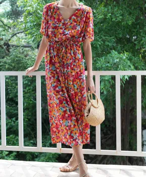 

Women Dress Gorgeous and Colorful Ink Printing V-neck Drawstring Long Dress