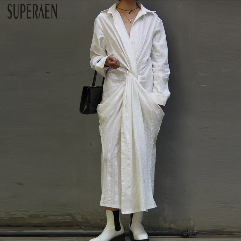 SuperAen, Европейская мода, женское длинное платье, однотонное хлопковое женское платье, осень, новинка, повседневная женская одежда