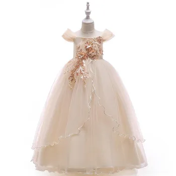 

Champagne Long Flower Girl Dress for Wedding 3D Applique Lace Short Sleeve Ball Gown Girls Pageant Dress Birthday Dress