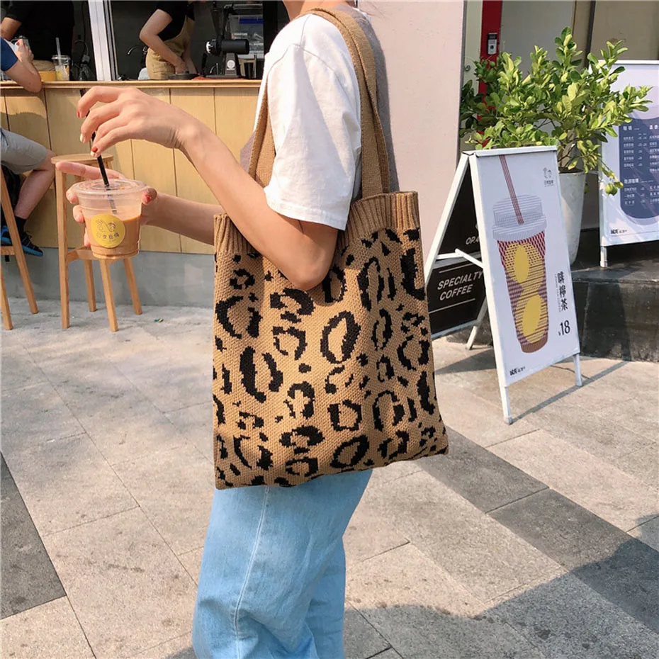 Hylhexyr, модные ручные сумки, женские вязаные сумки для покупок, складные сумки через плечо с леопардовым принтом, повседневные шерстяные сумки