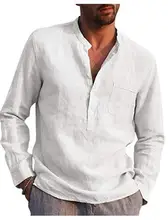 Chemise à manches longues et col en v pour homme, haut ample et décontracté en coton et lin blanc, grande taille 3XL, mode automne 2021