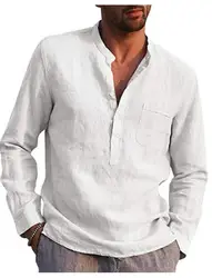 Plus size 3xl algodão linho branco camisa masculina manga comprida com decote em v camisa homem 2021 outono moda casual solto topo do homem