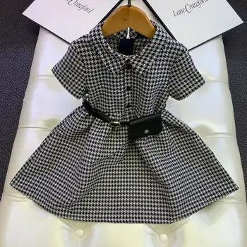

Girl's Early Autumn High-end Houndstooth Short Sleeve Dress with Waist Bag 110-160 Kids