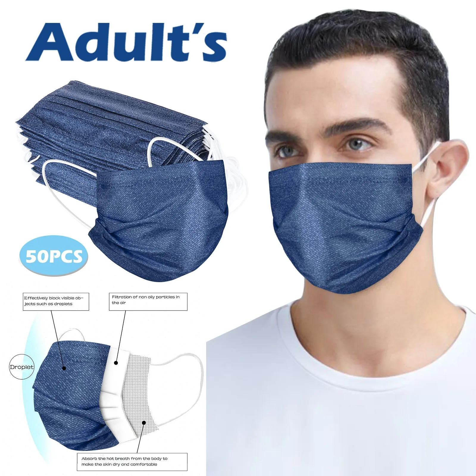 50PCS Adults Solid Jeans Blue Disposable 3-Layer For Men mondkapjes mascarilla Monder Scarf Halloween Cosplay MasK |