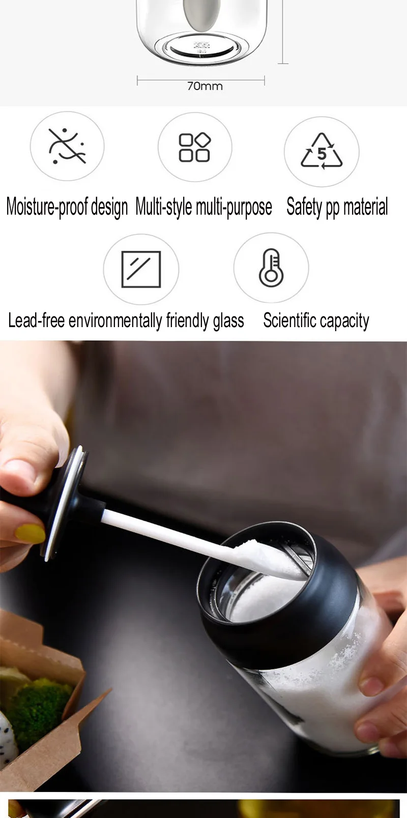 Kitchen supplies with spoon glass pepper cruet glass spoon cover moisture-proof transparent seasoning tank kitchen accessories