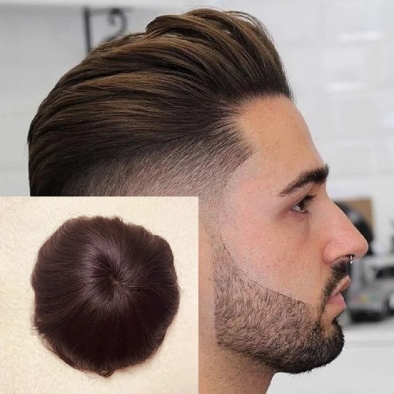 Peluca de cabello humano Marrón para hombre, tupé de cabello Natural Remy indio de PU, sistemas de reemplazo duraderos