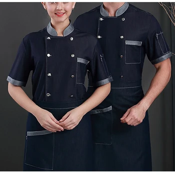 

Chef Jacket Clothing Traditional Side Part Buttons Mens Black Short Sleeve Coat Jeans Classic Summer Restaurant Cook Uniforms