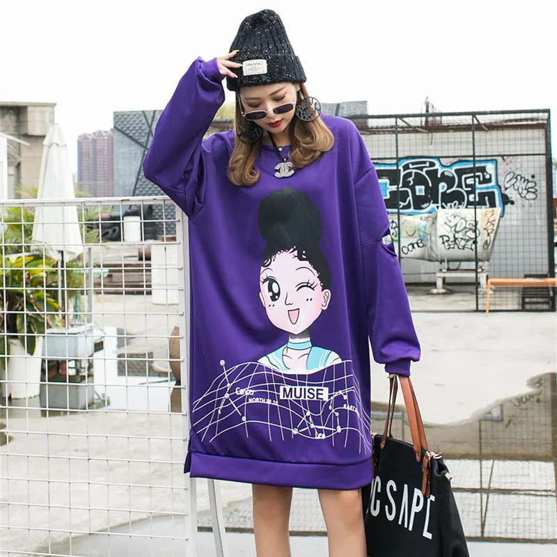 

Thai street fashion autumn and winter new purple fashion cartoon print loose straight long long sleeve dress female