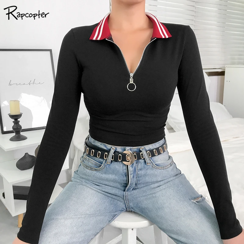 

Rapcopter Long Sleeve Black Autumn T Shirts Womens Turn-down Collar Slim Korean Tshirt Cotton Fashion Cropped Harajuku Tee Top