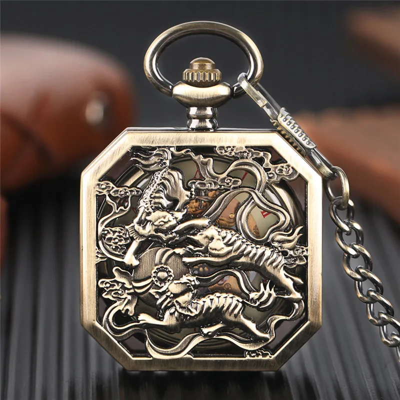 Antique Bronze Pocket Watch Hollow Double Tigers Men Women Handwinding Mechanical Watches with Fob Pendant Chain Clock Gifts