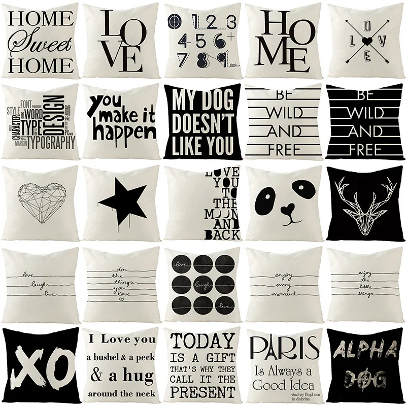 

Pillow Cover Decorative Throw Pillowcase Cushion Covers 45*45 Sofa Pillowslip Linen Black Letter Printing Home White Black