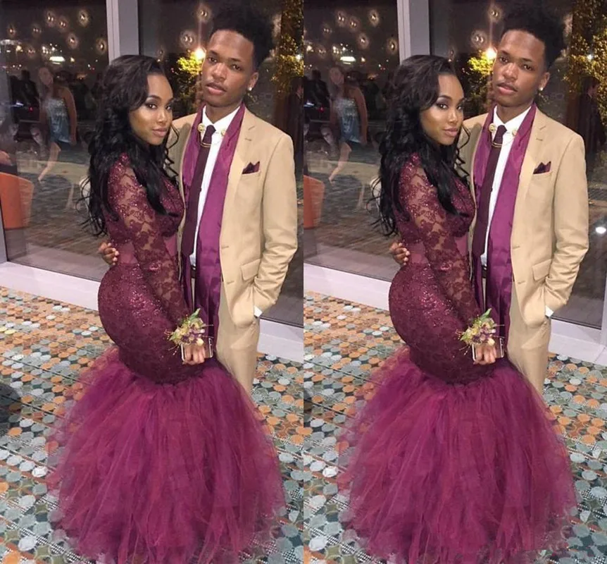 82Burgundy Mermaid Evening Dresses 2017 New High Neck Long Sleeveless Tull Illusion Lace Formal Prom Dresses Party Gown Custom Made