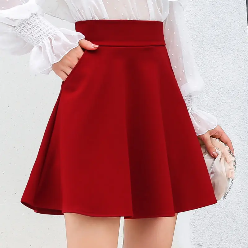 

Women Summer Spring Autumn King Size Skirts Chic New Pocket A-line Midiskirt Spiffy Pleated Knee-length Skirts Female Girls