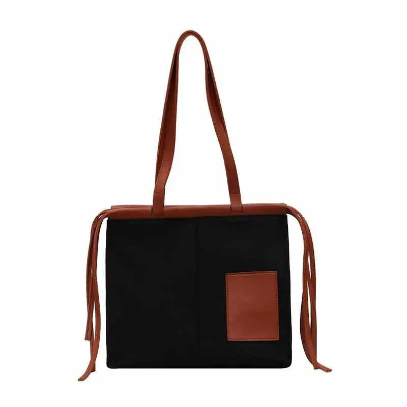 Женская Холщовая Сумка на плечо, модная сумка для молодых девушек, прошитая женская сумка для работы и путешествий, Высококачественная сумка для покупок - Цвет: Черный
