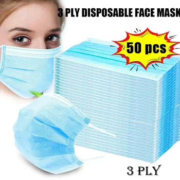 

50Pcs Disposable Face Masks blue Adult 3-Layers Non-Wove Mouth Masks Anti-Dust Ear Loop Fast Shipping Blue Protective Masks