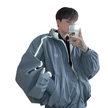 

Men Retro Fashion Reflective Streetstyle Loose Cargo Jacket Male Women 80's Loose Sportwear Short Coat Outerwear