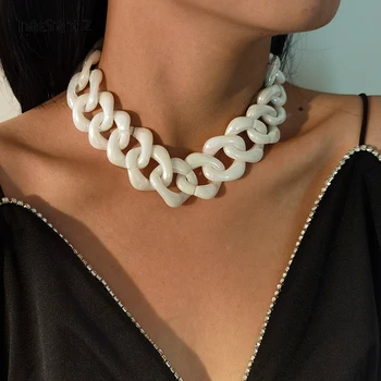 

IngeSight.Z Steampunk White Acrylic Acetic Acid Chunky Choker Necklace Resin Short Collar Clavicle Necklaces for Women Jewelry