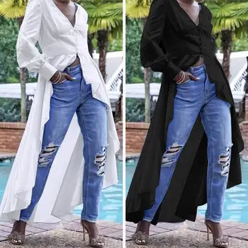 

ZANZEA 2020 Women Cotton Linen Tops Blouses Office Lady Work White Shirt Fashion Irregular Buttons Down Long Tops Tunic Blusas 7